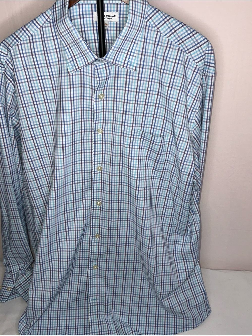 Peter Millar Light Blue and Navy Plaid Dress Shirt